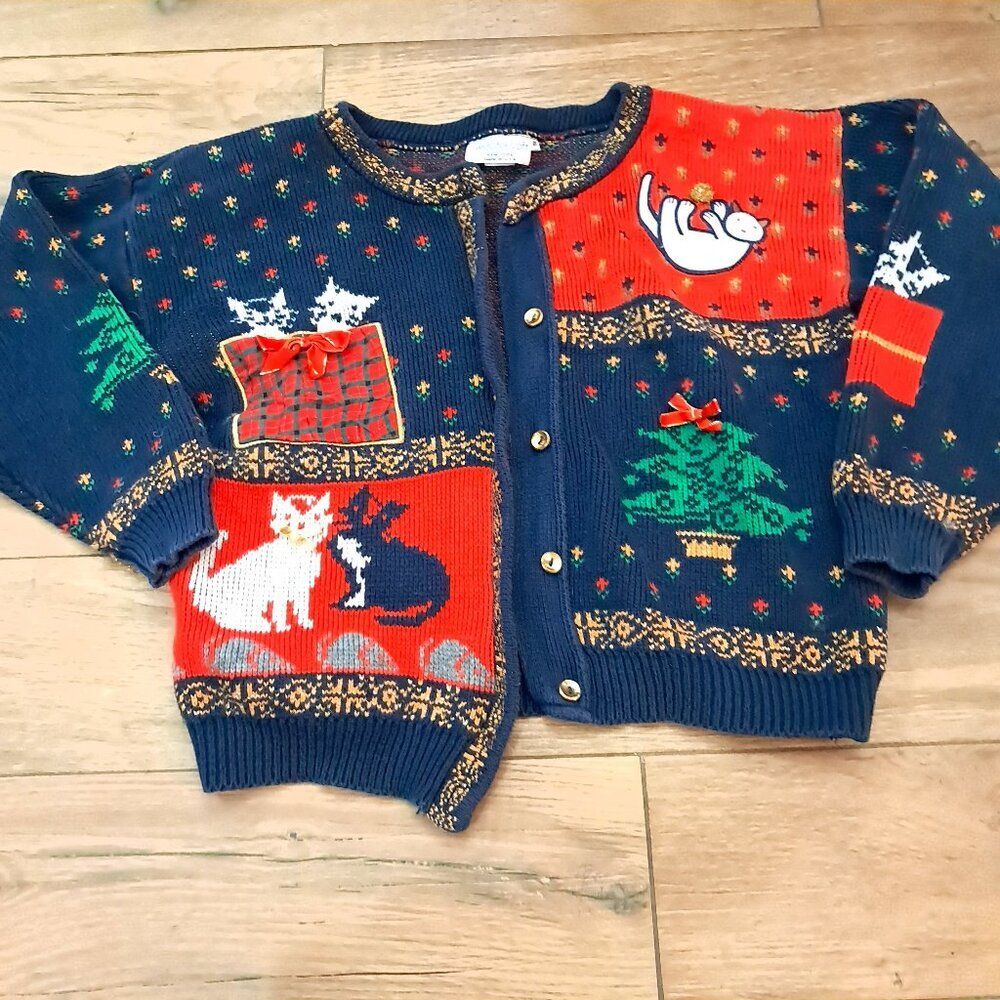 Vintage Sweater Loft Cat Cardigan Sweater Women's Size S Small blue red READ‎